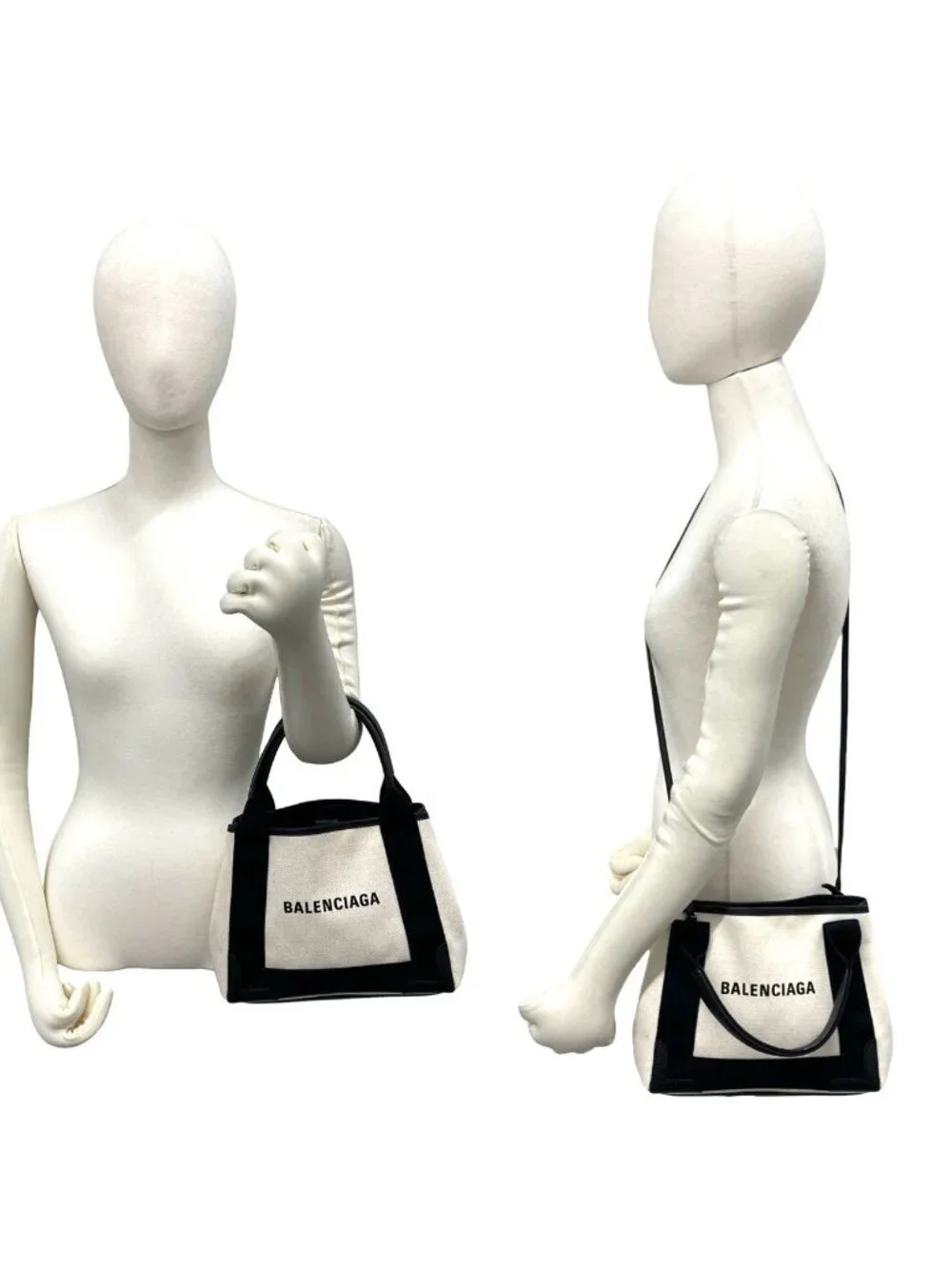 Balenciaga Navy Cabas S Canvas Leather 2-Way Shoulder Bag Black Ivory